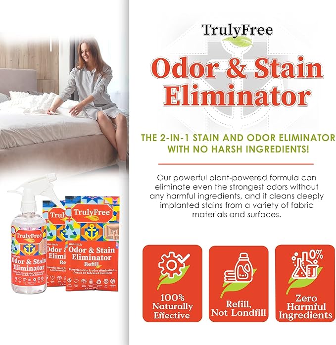 Multi-Purpose Odor & Stain Eliminator, Pet Odor Eliminator for Home & Stain Remover for Carpet, Couch, Rugs & More, Upholstery Deodorizer, Includes 1 Empty Bottle Spray & 2 Refill (3 oz ea)