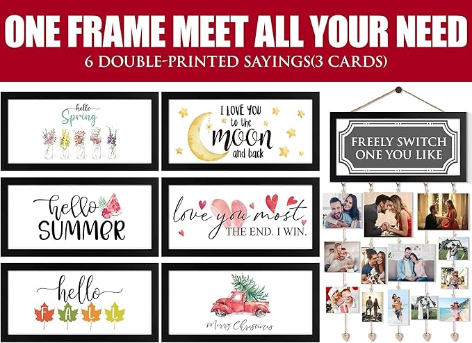 Christmas Card Holder Display Collage Picture Frames For Wall Interchangeable Holiday Decor Clips Photo Holders Merry Christmas Hanging Sign Wooden Photo Holder for Gift Card Holder Christmas Decor