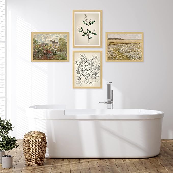 SIGNWIN Framed Poster Bathroom Decor 11"x14"x 4 Natural, Wall Art Room Decor Multicolor for Living Room, Bedroom, Office Autumn Spring Rustic Flower Landscape Classic Vintage Retro Illustrations