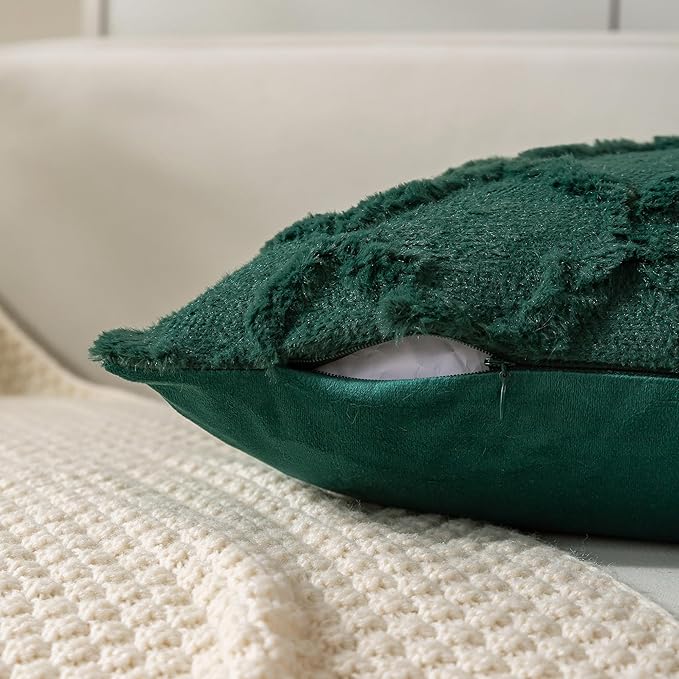 Set of 2 Soft Moroccan Throw Pillow Covers 18x18 Inch Plush Boho Decorative Pillow Cover Accent Cushion Case for Couch Sofa Bed, Dark Green