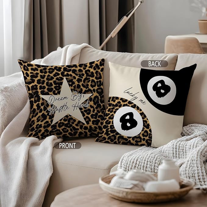 Leopard Star Lucky 8 Ball Inspirational Throw Pillow Covers 18x18, Cheetah Print Room Decor, Trendy Funky Y2K Leopard Print Decorative Pillow Covers for Girls Room Dorm Apartment Home