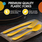 Party Solids Yellow Plastic Silverware Heavy Duty 150 Pieces Yellow Plastic Cutlery Sets, Utensil Sets, 50 Of Each Forks, Knives & Spoons Disposable Cutlery Set, Flatware Set For Party Supplies