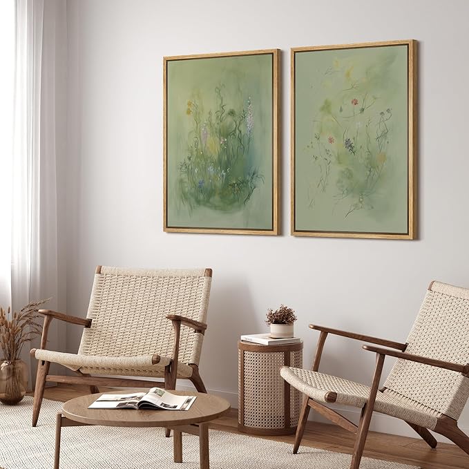 SIGNFORD Framed Canvas Print Wall Art Set Whimsical Green Wildflower Illustration Modern Art Decorative Nordic Nature for Living Room, Bedroom, Office - 24"x36"x2 Natural