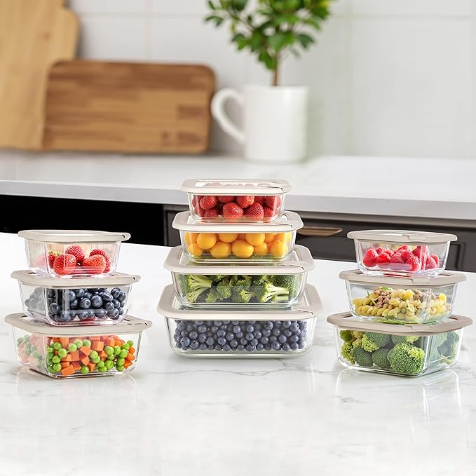 Glass Food Containers with Glass Lid, Microwave Safe Food Storage Container Set, 4 Pack, Airtight Storage Set with Leak Proof Lids, Meal Prep Containers