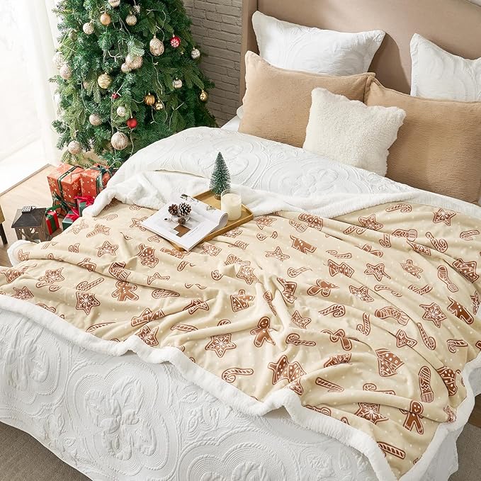 Cozy Bliss Luxury Sherpa Throw Blanket for Couch, Premium Reversible Thick Throw with Gingerbread & Candy Cane Design, Warm Cozy Soft Blanket for Home and Gifts (60 * 80)