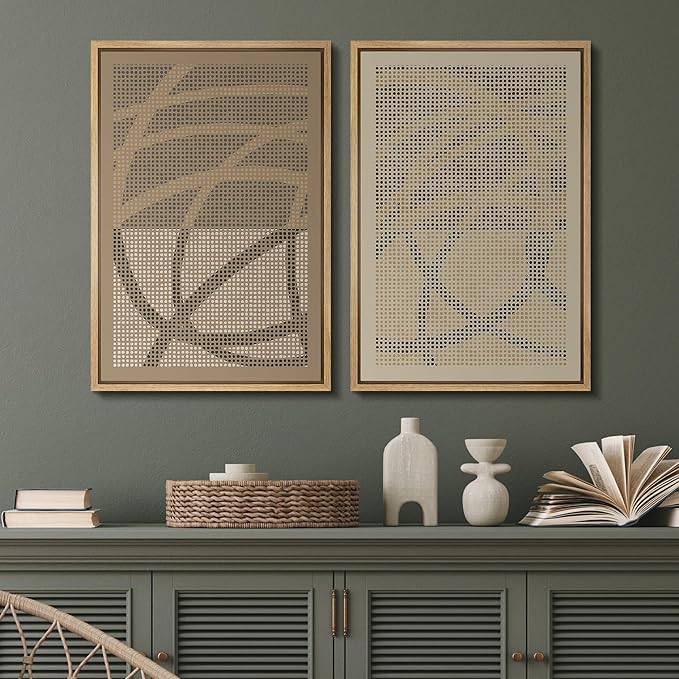 SIGNFORD Framed Canvas Print Wall Art Set Geometric Dot Patterns Earthy Beige and Brown Contrast Illustration Modern Art Decorative Nordic Nature for Living Room, Bedroom, Office - 24"x36"x2 Natural