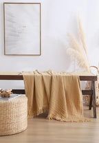100% Cotton Muslin Throw Blanket for Bed, Couch, Small, Decorative, Soft, Pre-Washed, Breathable and Lightweight Gauze Blanket with Tassels, Suitable for All Seasons, Sand, 50"x60"