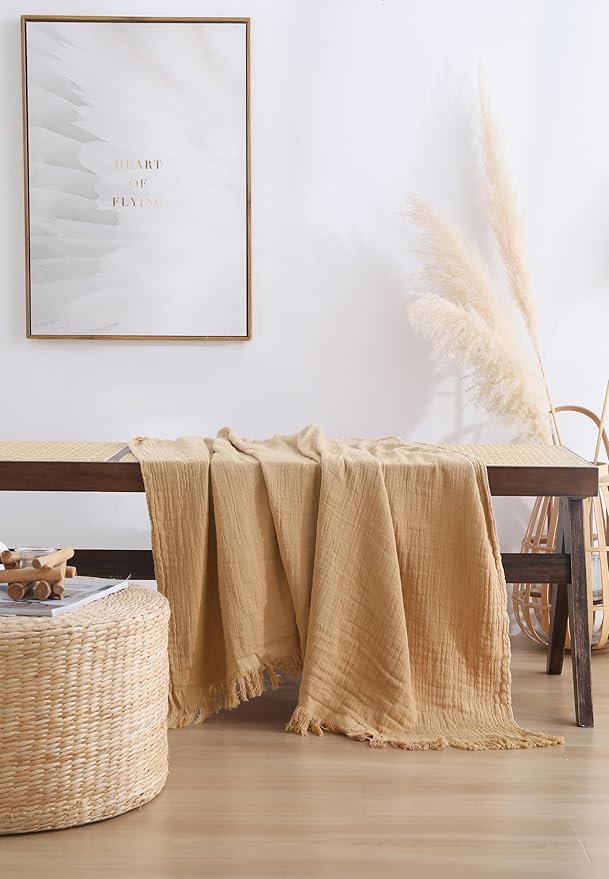 100% Cotton Muslin Throw Blanket for Bed, Couch, Small, Decorative, Soft, Pre-Washed, Breathable and Lightweight Gauze Blanket with Tassels, Suitable for All Seasons, Sand, 50"x60"