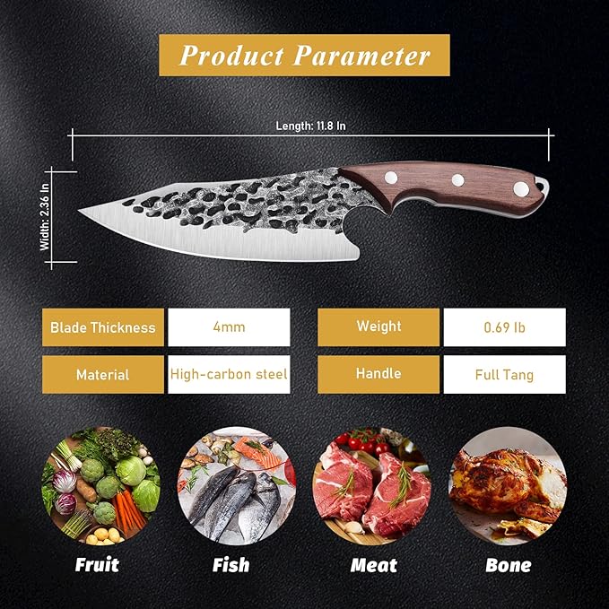 Huusk Viking Knife with Sheath - Hand Forged Boning Knife for Meat Cutting, Japanese Chef Knives for Kitchen, Outdoor Camping, Christmas Gifts Idea