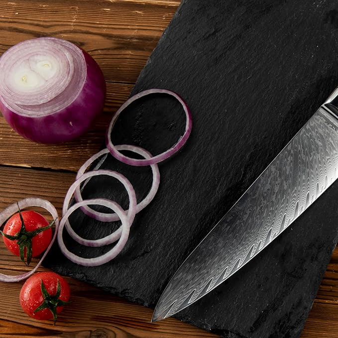 7-Piece Damascus Knife Block Sets, Damascus Knife Set for Professional Chefs, Cutlery Kitchen Scissors and Knives, Premium Razor Sharp Professional Chef Knife with Kitchen Shears and Block Set