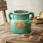 Green Rustic Ceramic Vase, 5.8 Inch Distressed Wide Mouth Vase with Ice Cracked Glazed, Farmhouse Vintage Flower Vases for Home Office Decor Living Room Bedroom Table Centerpiece Decorations