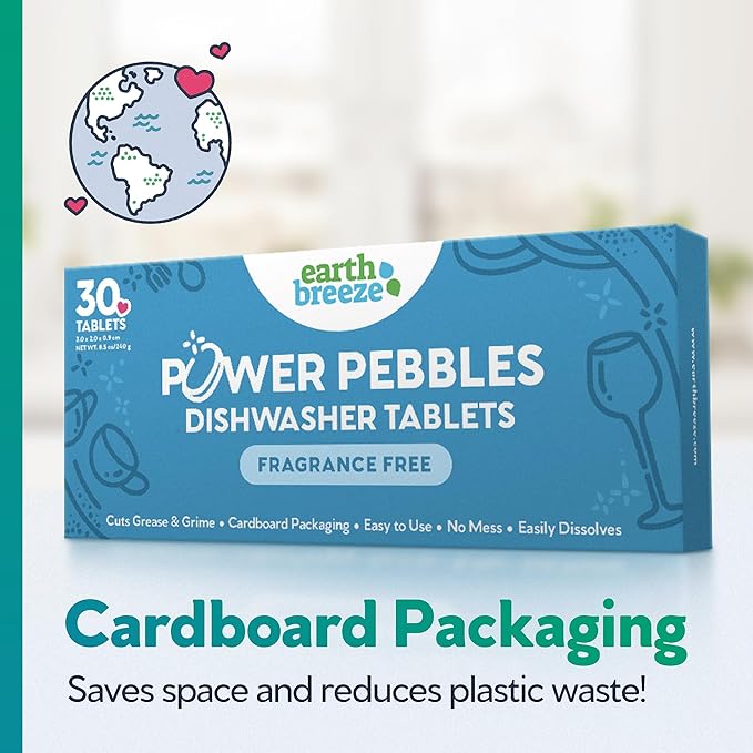 Earth Breeze Power Pebbles Dishwasher Tablets, Tough on Grease, Gentle on Dishes, Fragrance Free Dish Detergent & Dishwasher Cleaner, Kitchen Cleaning Supplies for Sparkling Results, 90 Tabs (3-Pack)