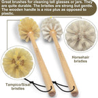 Bottle Brushes with Natural Bristles, 13-3/4 Inch Long Wood Handle Bottle Brush Cleans and Scrubs Wide Mouth Jars, Glasses, Vases, Mugs and Pitchers, Sisal + Horsehair Bristles 2 Pack