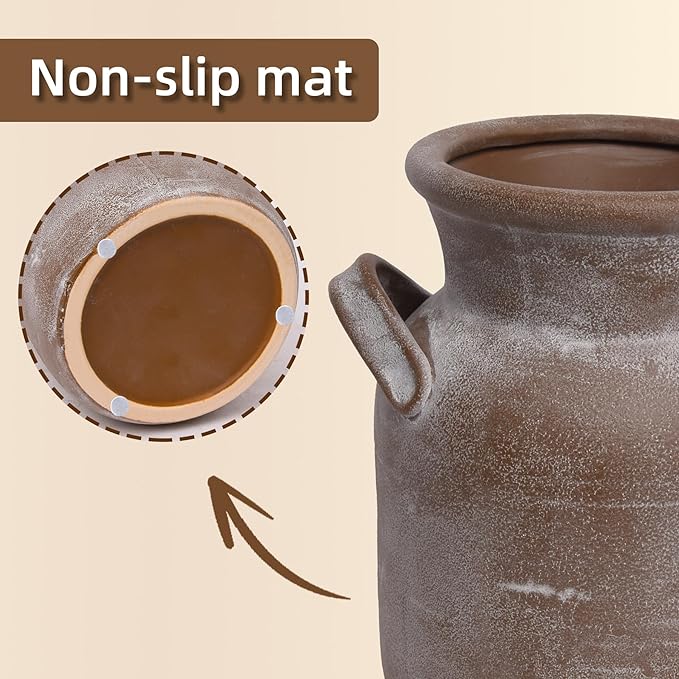 Quoowiit Ceramic Rustic Farmhouse Vase, Distressed Decorative Flower Vases for Home Decor, Ideal Shelf Decor, Brown Boho Vase for Living Room Bedroom Kitchen Office Decor Centerpiece Table Decorations