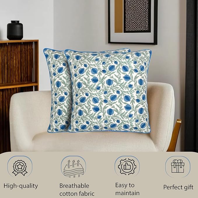 Ridhi Queen Blue Block Print Preppy Grandmillennial Pillow Cover Set of 2-20" x 20" Throw Pillow for Home White Floral Pillow Cover Grandmillennial Home Decor Thanksgiving