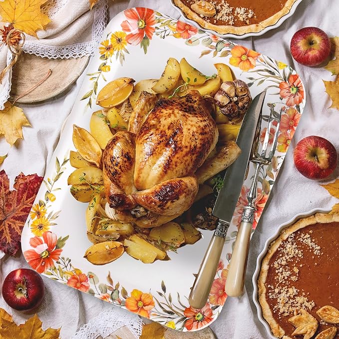 3Pcs Fall Serving Trays Reusable Watercolor Pumpkin Flower Platter Vintage Autumn Serving Dishes for Thanksgiving Sharing Snacks Fruit Dessert Candy