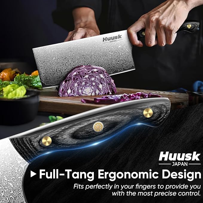 Huusk Damascus Cleaver Knife 7 inch, VG10 Butcher Knives for Meat Cutting, Kitchen Knives with Wood Handle for Chopper Vegetables, Hand Forged Chooping Knives, Birthday Dad Mom Gift