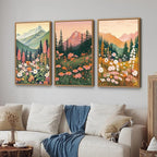 Tinonedraw Large Boho Mountain Framed Canvas Wall Art Set of 3, Colorful Wildflower Daisy Flowers Wall Decor, Bohemian Floral Forest Scenery Artwork, Modern Nature Landscape Art Prints for Bedroom Living Room Office 16"x24"