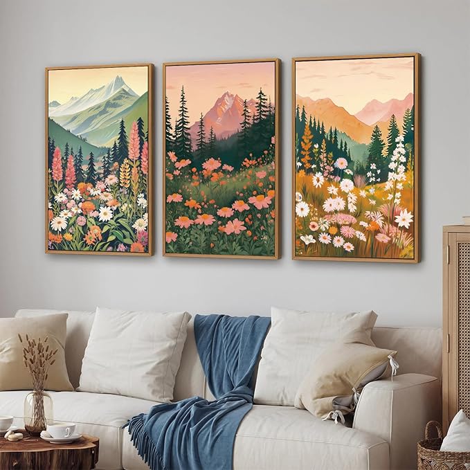 Tinonedraw Large Boho Mountain Framed Canvas Wall Art Set of 3, Colorful Wildflower Daisy Flowers Wall Decor, Bohemian Floral Forest Scenery Artwork, Modern Nature Landscape Art Prints for Bedroom Living Room Office 16"x24"