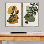 SIGNFORD Framed Canvas Print Wall Art Set Mid-Century Forest Fern Leaf Collage Abstract Shapes Illustration Modern Art Decorative Nordic Nature for Living Room, Bedroom, Office - 24"x36"x2 Natural