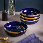 Stone Lain Florian 4-Piece Round Pasta Bowl Set, Blue with Gold Rim