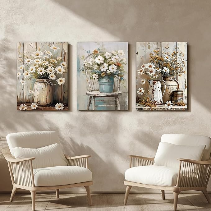 DUWQU 3 PCS Elegant Farmhouse Canvas Wall Art, Vintage Floral Pictures Art Wall Decor, Nature Themed Daisy Art Prints for Living Room Bedroom Kitchen and Office Ready to Hang 16×24 Inches