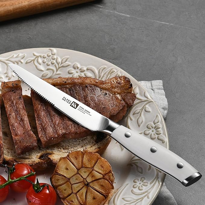 Klaus Meyer Stahl High Carbon Exclusive German Steel 4.5 inch 6 Piece Steak Knife Set (White)