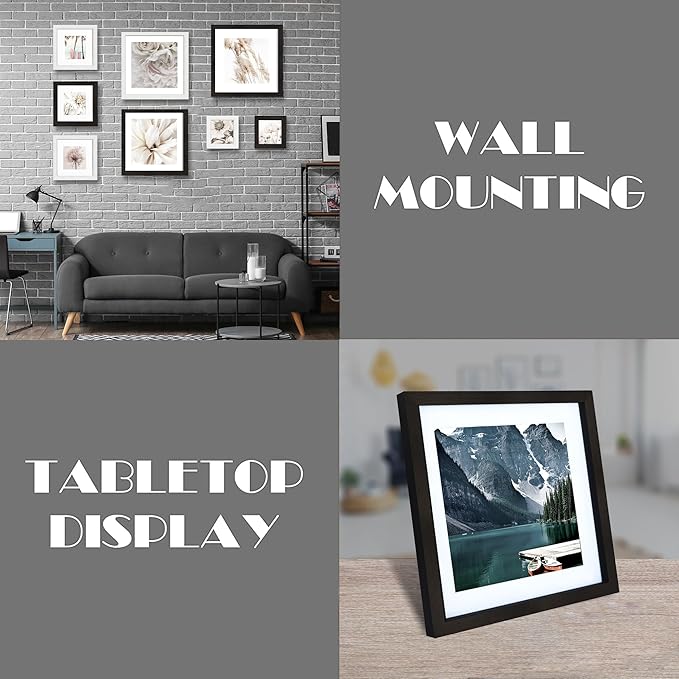 10x10 Black Picture Frames set of 3, Made of Wooden and Real Glass Square Photo frame - Displays 8x8 Picture With Mat or 10 x 10 Without Mat, Desktop & Wall Collage Frame set