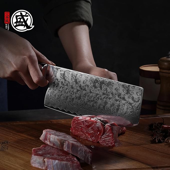 MITSUMOTO SAKARI Cleaver Knife 7 inch, S301 Damascus Steel Traditional Meat Cleaver (Hand Forged)