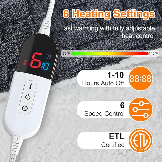 Electric Heated Blanket Queen Size Dual Control - Jacquard Checkered Sherpa 84"x90" Fast Heating Bed Blankets with 6 Heating Levels & 10 Hours Auto Off, Over-Heat Protection ETL, Dark Gray