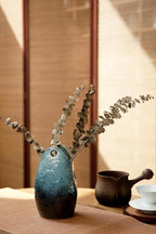 Rustic Pottery Ceramic Vase - Vintage Farmhouse Style Decor, White Grid Ceramic Vases for Home Decor, Modern Farmhouse Decor (Blue)