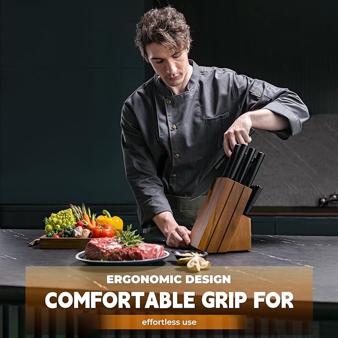 OOU Kitchen Knife Block Set - 15 Pieces High Carbon Stainless Steel Chef Knife Sets, Anti-Rust Black Knives Set with Built-in Sharpener Block, Walnut