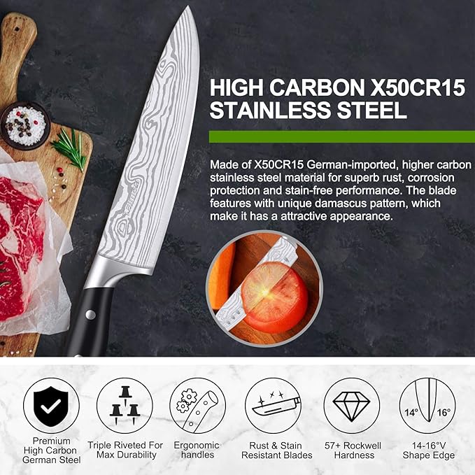 Knife set, 23 Pcs Kitchen Knife Set with Block and Sharpener Rod, High Carbon Stainless Steel Chef knife set for kitchen, Ultra Sharp, Full-Tang Design