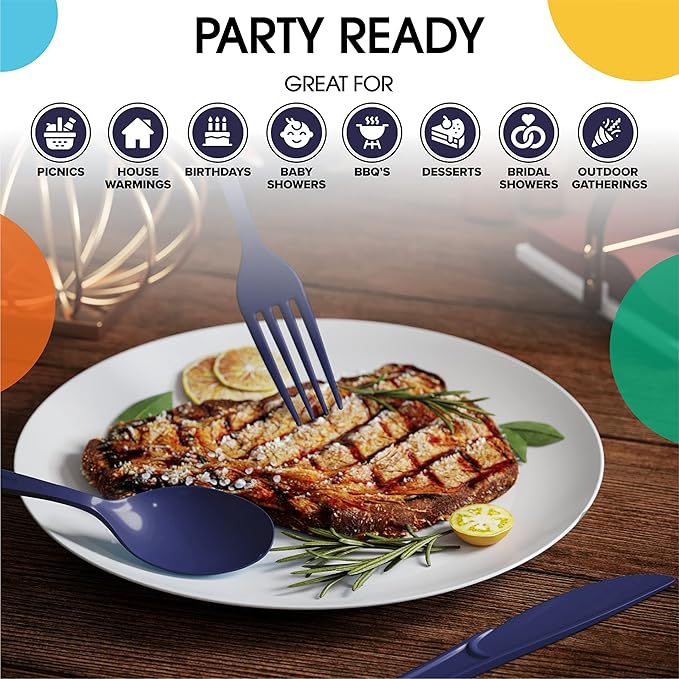 Party Solids Navy Plastic Knives 200 Pieces Disposable Utensils Heavy Duty Cutlery Set Flatware Silverware Party Supplies & Tableware