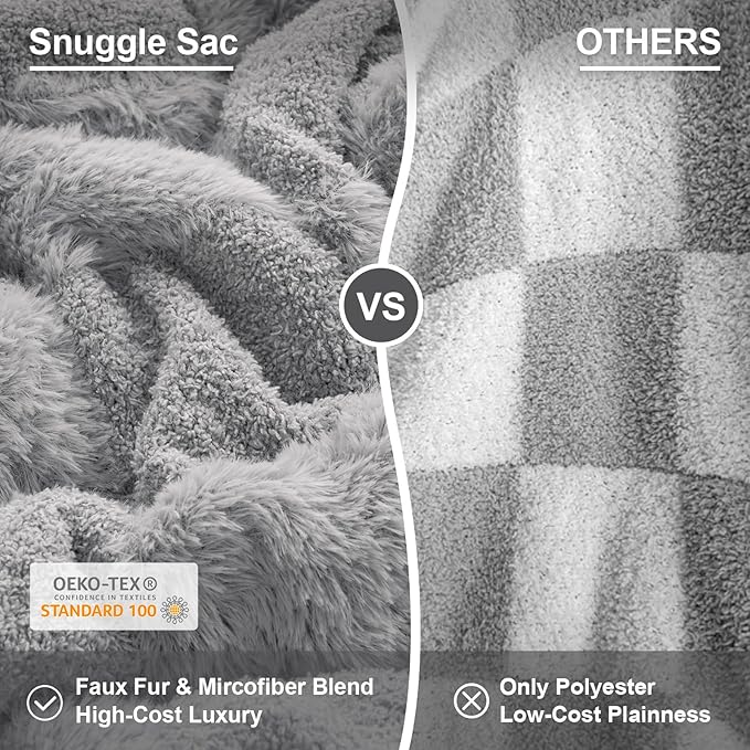 Snuggle Sac Faux Fur Checkered Blanket Twin Size with Soft Knitted Microfiber Fabric,Cozy Soft Warm Blanket for Sofa Bedroom Living Room,Solid Light Grey,60x80 inches