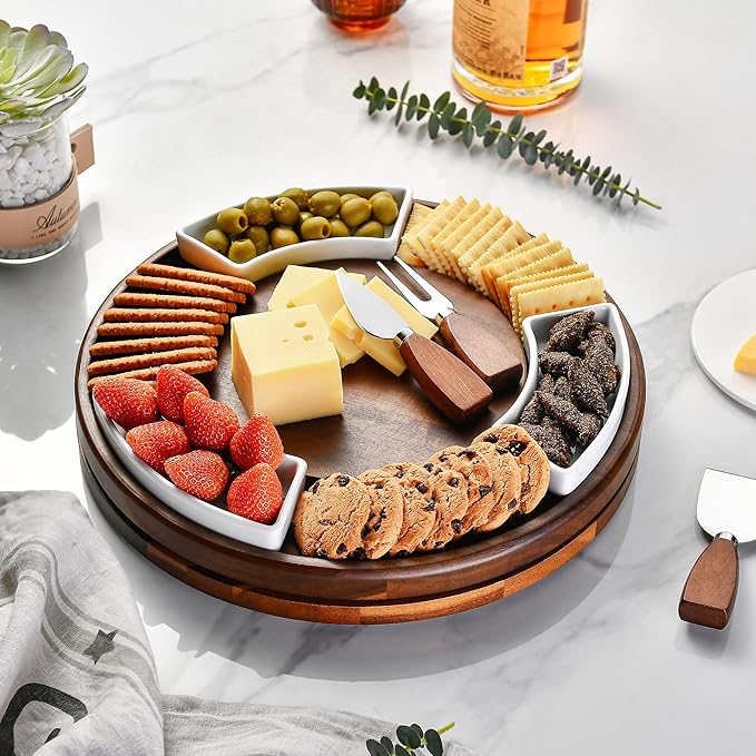 Shanik Acacia Wood Lazy Susan Cheese Board Set – Rotating Charcuterie Platter, Elegant Serving Tray for Appetizers, Snacks, Parties & Weddings