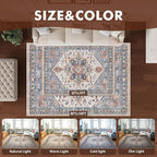 Washable Rugs for Living Room 8x10 Area Rug Soft Living Room Carpet-Rugs for Bedroom Vintage Oriental Floral Dining Room Non Slip Blue Rust