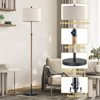 Farmhouse Rattan Floor Lamp for Living Room, Adjustable Height:65"-70" Black Standing Lamp, Boho Tall Skinny Pole Light with Oatmeal Shade for Bedroom Office