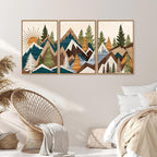 Tinonedraw Large Metal Mountain Framed Canvas Wall Art, Boho Rustic Sunrise Forest Wall Decor, 3 Piece Modern Nature Artwork, Vintage Wilderness Art Print for Living Room Bedroom Office 24"x36"x3
