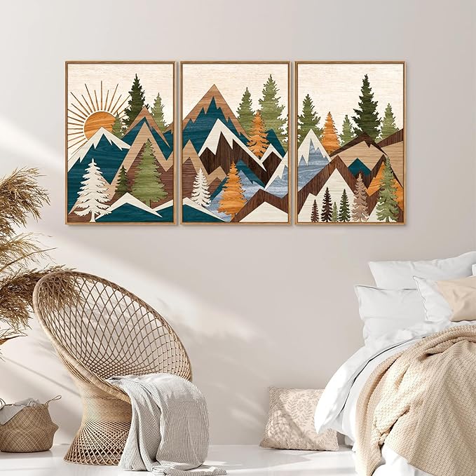 Tinonedraw Large Metal Mountain Framed Canvas Wall Art, Boho Rustic Sunrise Forest Wall Decor, 3 Piece Modern Nature Artwork, Vintage Wilderness Art Print for Living Room Bedroom Office 24"x36"x3