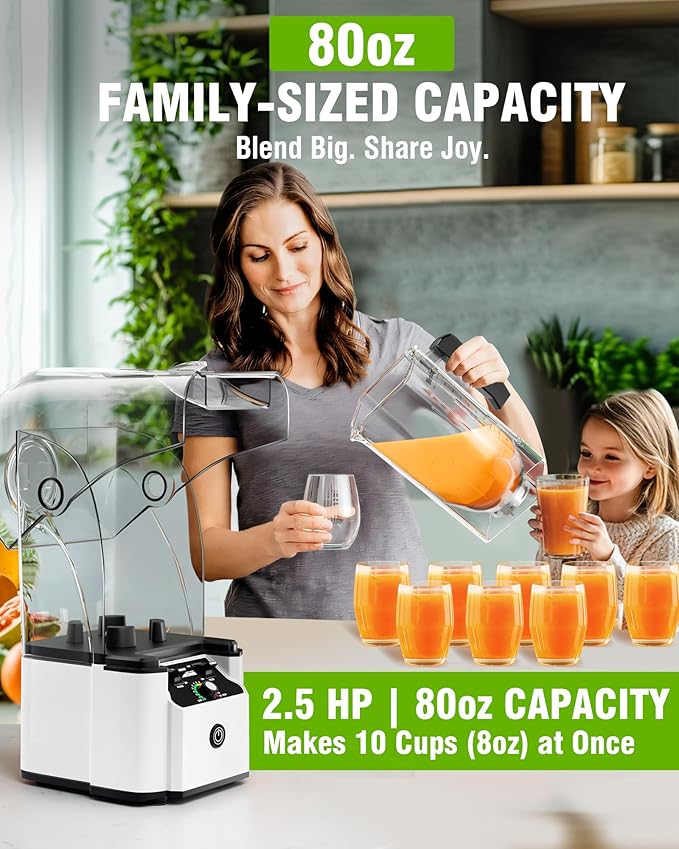 WantJoin Quiet Blender - Kitchen Blender with Soundproof, 2.5 HP Copper Motor, 80oz Jar, Multifunctional Silent Blenders for Smoothies, Juice, Soups, Sauce, w/ 15 Speeds, Stainless Steel 6-blade Combo