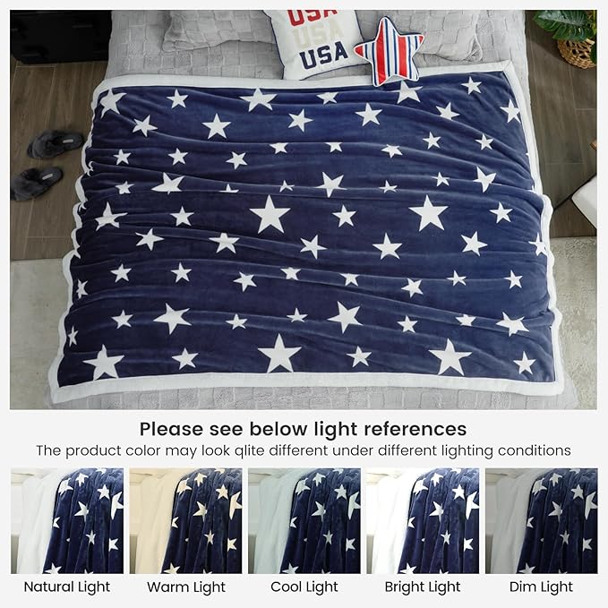 Cozy Bliss Thick Warm Sherpa Fleece Star Blanket, Double Sided Patriotic Throw Blanket Fluffy Soft Fuzzy Thick Blanket for Couch, Bed and Gifts(Navy Blue, 50" x 60")