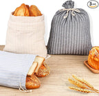 3 Pack Linen Bread Bags for Homemade Sourdough with Plastic Lined - Reusable Sourdough Bread Storage Bag