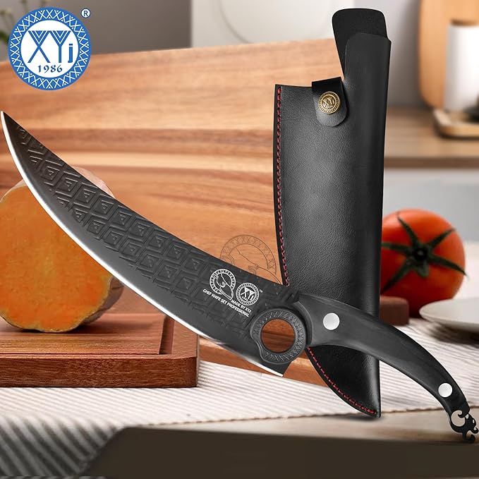 XYJ Authentic Since 1986, FULL TANG 10 Inch Boning Knife With Sheath, Stainless Steel Deboning Meat Cleaver for Meat Cutting, Vegetable Kitchen Knife for Outdoor Camping
