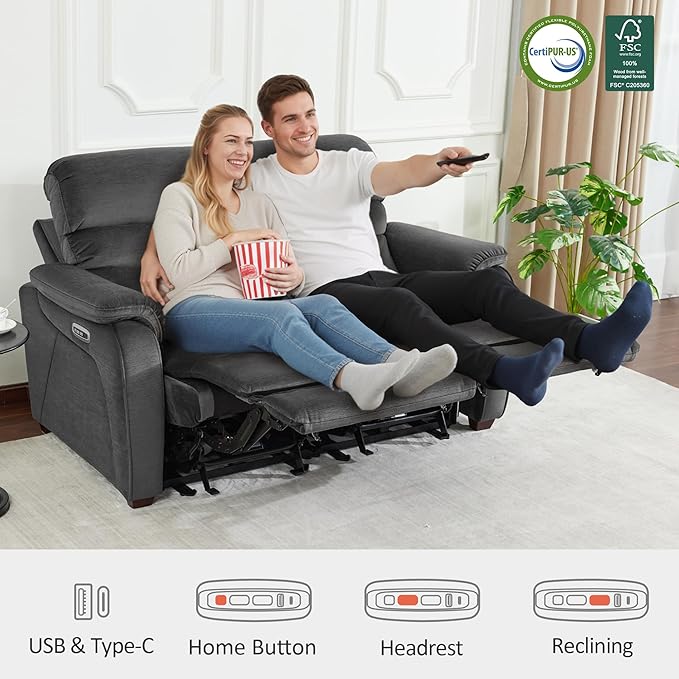 MCombo Zero Wall Recliner Loveseat, Power Recliner Loveseat with Adjustable Headrest, USB A & C Charge Ports, Wood Legs, for Living Room, RVs, Small Spaces (Fabric, ST258M1, Dark Grey)