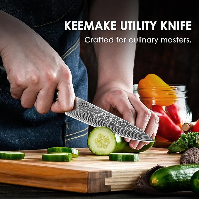 KEEMAKE Kitchen Utility Knife, 5 Inch Chef Knife, 67-Layer Damascus Steel Paring Knife with Ergonomic G10 Handle, Multipurpose Kitchen Knife for Fruit and Vegetable Cutting