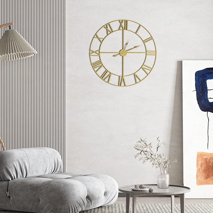 Large Wall Clock, Metal Retro Roman Numeral Clock, Modern Round Wall Clocks Almost Silent, Easy to Read for Living Room/Home/Kitchen/Bedroom/Office/School Decor (Gold, 16 Inch)