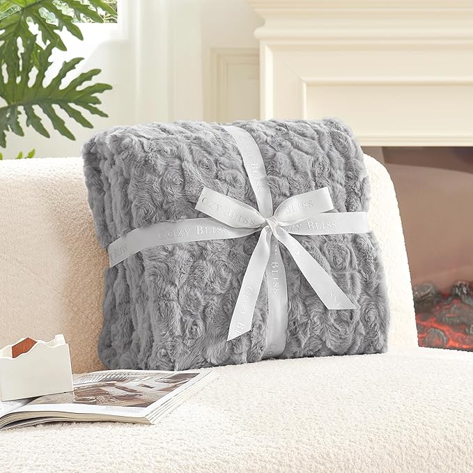 Cozy Bliss Faux Fur Throw Blanket for Couch, Fuzzy Soft Plush Thick Warm Fluffy Reversible Wave Textured Blanket for Sofa Bedroom Living Room, 55 * 70 Inches Grey