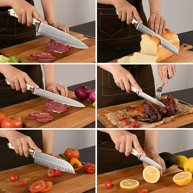 NANFANG BROTHERS Knife Set, 9 Pieces Damascus Kitchen Knife Set with Block, ABS Ergonomic Handle for Chef Knife Set, Knife Sharpener and Kitchen Shears, Knives for Chopping, Slicing & Cutting