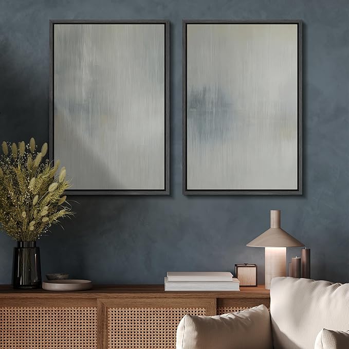SIGNFORD Framed Canvas Print Wall Art Set Soft Gray and Blue Abstract Neutral Illustration Modern Art Decorative Nordic Nature for Living Room, Bedroom, Office - 16"x24"x2 Black